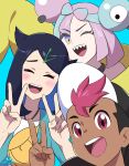 1boy 2girls :d ;d absurdres aqua_background asada_yo black_hair black_hat blush bow-shaped_hair character_hair_ornament closed_eyes commentary_request cowlick dark-skinned_male dark_skin double_v green_jacket hair_ornament hairclip hand_up hands_up happy hat highres iono_(pokemon) jacket liko_(pokemon) multicolored_hair multiple_girls one_eye_closed open_clothes open_jacket open_mouth pokemon pokemon_(anime) pokemon_horizons roy_(pokemon) shirt smile teeth tongue two-tone_hair upper_teeth_only v white_shirt yellow_bag 