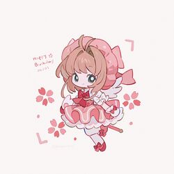  1girl antenna_hair brown_hair cardcaptor_sakura chibi dress full_body fuuin_no_tsue gloves green_eyes happy_birthday highres holding holding_wand kanae_(cookie) kinomoto_sakura looking_at_viewer magical_girl pink_dress pink_hat short_hair simple_background smile solo wand white_background white_gloves 