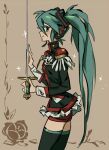  1girl black_jacket black_thighhighs blue_hair blue_nails brown_background closed_mouth cosplay cowboy_shot edward_(chookooreetoo) floral_background frilled_jacket frills hand_up hatsune_miku headphones holding holding_sword holding_weapon jacket long_hair looking_at_viewer rapier red_shorts shorts shoujo_kakumei_utena smile solo sword tenjou_utena tenjou_utena_(cosplay) thigh-highs twintails very_long_hair vocaloid weapon 
