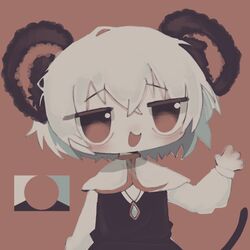  1girl :d animal_ears black_vest brown_background brown_eyes capelet commentary_request cookie_(touhou) hand_up highres jewelry limited_palette long_sleeves looking_at_viewer manatsu_no_yo_no_inmu medium_bangs meme mouse_ears mouse_girl mouse_tail nazrin necklace nyon_(cookie) open_mouth outo_1012 pendant shirt simple_background smile solo tail touhou upper_body vest white_capelet white_hair white_shirt yjsnpi_interview_(meme) 