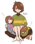  ... 3others :| =_= absurdres androgynous antenna_hair barefoot blue_sweater blunt_bangs brown_hair brown_pants brown_shorts chara_(undertale) child closed_eyes closed_mouth crossed_arms deltarune frisk_(undertale) full_body green_sweater hair_over_one_eye hand_on_another&#039;s_head height_difference highres in-franchise_crossover kris_(deltarune) long_sleeves looking_at_viewer multiple_others one_eye_covered open_mouth other_focus pants red_eyes shaded_face short_hair shorts simple_background sitting sitting_on_lap sitting_on_person sleeping spoken_ellipsis sweater tadeno undertale white_background zzz 