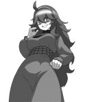  1girl @_@ ahoge alternate_breast_size bags_under_eyes breasts commentary cowboy_shot dress fingernails greyscale hair_between_eyes hex_maniac_(pokemon) large_breasts long_bangs long_dress long_hair long_sleeves looking_at_viewer messy_hair monochrome onkn_sxkn open_mouth pokemon pokemon_xy sharp_fingernails simple_background smile solo sweater turtleneck turtleneck_sweater 