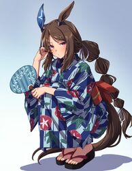  1girl admire_vega_(umamusume) animal_ears blue_background braid braided_ponytail commentary_request ear_covers floral_print gradient_background hand_fan highres holding holding_fan horse_ears horse_girl horse_tail japanese_clothes kimono long_hair long_sleeves looking_at_viewer morning_glory_print pink_eyes single_ear_cover solo squatting starheart tabi tail toes umamusume 