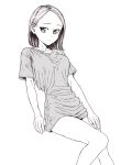  1girl absurdres bad_id bad_pixiv_id breasts collarbone dende_(dndn222) facing_viewer greyscale hair_behind_ear highres large_breasts looking_at_viewer medium_hair monochrome original scan scan_artifacts shirt short_hair short_sleeves sitting solo traditional_media 