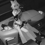  1girl animal_ear_fluff animal_ears arknights bare_shoulders cat_ears cup dress full_body greyscale highres holding holding_cup kal&#039;tsit_(arknights) long_sleeves looking_at_viewer monochrome nuggetkouhai off-shoulder_dress off_shoulder parted_lips short_hair sitting_on_car solo star_of_life 