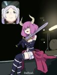  2girls aura_(sousou_no_frieren) aura_bullying_(meme) black_gloves black_thighhighs clothing_cutout crossed_legs crying crying_with_eyes_open demon_horns elbow_gloves fan_screaming_at_madison_beer_(meme) frieren gloves hair_over_shoulder highres holding holding_sword holding_weapon horns imminent_suicide inset looking_at_viewer meme motion_blur multiple_girls navel_cutout parody pink_hair sitting sousou_no_frieren sword tears tenten_(chan4545) thigh-highs v-shaped_eyebrows weapon 