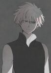  1boy bad_id bad_twitter_id bare_shoulders expressionless greyscale heterochromia looking_at_viewer male_focus messy_hair monochrome rii2a77ru shirt simple_background sleeveless sleeveless_shirt solo tsubasa_chronicle upper_body xiaolang 