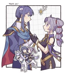  1boy 1girl armor black_gloves blue_cape blue_eyes blue_hair border cape chibi chibi_inset closed_mouth commentary_request eye_contact fire_emblem fire_emblem:_genealogy_of_the_holy_war gloves gold_trim grid_background haconeri headband holding_hands horse long_hair looking_at_another multi-tied_hair multiple_views outside_border pauldrons purple_hair red_cape seliph_(fire_emblem) shoulder_armor simple_background smile star_(symbol) thank_you tine_(fire_emblem) twintails two-sided_cape two-sided_fabric two-tone_cape violet_eyes white_background white_border white_headband 