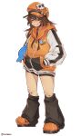  1girl bike_shorts cabbie_hat dolphin guilty_gear guilty_gear_strive hat hat_ornament highres hood hoodie jacket may_(guilty_gear) mil17459623 orange_footwear orange_hat orange_hoodie orange_jacket skull_and_crossbones skull_hat_ornament 