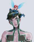  1boy 1girl demi-fiend fairy full-body_tattoo highres male_focus pixie_(megami_tensei) pointy_ears redhead sageo_yn shin_megami_tensei shin_megami_tensei_iii:_nocturne short_hair smile tattoo topless_male wings yellow_eyes 