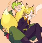  2boys animal_ears annoyed artist_name black_suit blonde_hair blush cigarette collared_shirt commentary_request curly_eyebrows fox_boy fox_ears fox_tail green_hair green_kimono grin hair_over_one_eye haramaki holding holding_cigarette hugging_tail implied_yaoi japanese_clothes kimono large_tail looking_at_another male_focus mitsubachi_koucha multiple_boys one_piece orange_background roronoa_zoro sanji_(one_piece) shirt short_hair simple_background sitting sitting_on_person smile suit tail tail_wrap tiger_boy tiger_ears tiger_tail yellow_shirt 