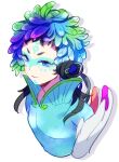  1other androgynous biseibutu blue_eyes blue_hair facepaint facial_mark feathers forehead_mark gnosia green_eyes green_hair headphones highres long_hair long_sleeves looking_at_viewer makeup multicolored_hair other_focus raqio simple_background solo tattoo upper_body 