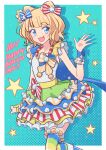  1girl :d absurdres blonde_hair blue_background blue_bow blue_eyes blunt_bangs bow cbgb cone_hair_bun cowboy_shot double_bun dress drop_shadow hair_bow hair_bun hand_up happy_birthday highres idol_clothes jewelry looking_at_viewer minami_mirei multicolored_clothes multicolored_dress necklace open_hand open_mouth outside_border pretty_series pripara red_bow short_hair smile solo star_(symbol) striped_clothes striped_thighhighs thigh-highs third-party_source 