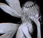  1boy arthropod_boy au_(d_elete) black_background collarbone completely_nude crown diamond_hairband dragonfly_wings fate/grand_order fate_(series) hair_between_eyes hand_on_own_face highres insect_wings male_focus medium_hair nude oberon_(fate) oberon_(third_ascension)_(fate) signature simple_background solo spoilers upper_body wings 