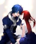  1boy 1girl arm_tattoo armor blue_coat blue_hair blue_skirt brushing_another&#039;s_hair brushing_hair coat couple erza_scarlet eye_contact facial_mark fairy_tail fur-trimmed_coat fur_trim hair_between_eyes hetero jellal_fernandes long_hair long_sleeves looking_at_another open_clothes open_coat parted_lips profile redhead shirt short_hair sidelocks simple_background sitting skirt sleeveless smirk spiky_hair tattoo teeth white_shirt yae_chitokiya 