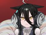  1girl :&lt; ahoge animal_ears black_hair blue_vest closed_mouth collared_shirt earrings ears_down furrowed_brow hair_between_eyes headphones highres horse_ears horse_girl jewelry long_hair looking_at_viewer manhattan_cafe_(umamusume) multicolored_hair photo-referenced pillow red_background semicolon_chan shirt single_earring solo streaked_hair twitter_username two-tone_hair umamusume upper_body vest white_shirt yellow_eyes 