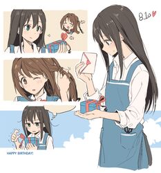  2girls :d akni apron arrow_(symbol) blue_apron blue_sweater_vest blush box brown_eyes brown_hair closed_eyes collared_shirt commentary cowboy_shot dated dress_shirt envelope gift green_eyes hand_in_another's_hair hand_up happy_birthday heart holding holding_box holding_envelope holding_gift idolmaster idolmaster_cinderella_girls imagining jitome long_hair multiple_girls one_eye_closed one_side_up portrait scissors shibuya_rin shimamura_uzuki shirt small_sweatdrop smile sweater_vest thought_bubble trembling untying_hair v-shaped_eyebrows white_background white_shirt yuri 