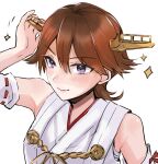  1girl brown_hair commentary_request detached_sleeves flipped_hair hagioshi headgear hiei_(kancolle) japanese_clothes kantai_collection nontraditional_miko ribbon-trimmed_sleeves ribbon_trim short_hair simple_background smile solo sparkle upper_body white_background 