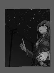  1girl 1other border from_below grey_border greyscale hamsterfragment holding_hands jaggy_lines long_hair looking_up lowres monochrome night night_sky no_pupils original outdoors pleated_skirt pointing pointing_up power_lines shirt skirt sky solid_eyes solo_focus star_(sky) starry_sky suicidal_girl_(hamsterfragment) upper_body utility_pole 