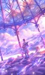  1girl acoustic_guitar ahoge arch architecture boots clouds collared_shirt commentary_request dress dutch_angle gazebo guitar highres instrument long_hair music original outdoors playing_instrument sakimori_(hououbds) scenery shirt solo standing tree 