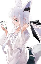  1girl ahoge animal_ear_fluff animal_ears aqua_eyes black_ribbon black_skirt bow bowtie braid cellphone collared_shirt commentary_request extra_ears fingernails fox_ears fox_girl fox_tail frilled_skirt frills from_above from_side hair_between_eyes hair_ribbon highres holding holding_phone hololive long_hair long_sleeves looking_at_phone low_ponytail official_alternate_costume phone ribbon shirakami_fubuki shirakami_fubuki_(street) shirt side_braid simple_background skirt smartphone solo tail tanishi_(hetianming11093) untying_hair virtual_youtuber white_background white_bow white_bowtie white_hair white_shirt wide_sleeves 
