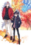  2boys autumn_leaves black_hair blue_sky clouds collared_shirt disgaea fenrich_(disgaea) hair_between_eyes hand_in_pocket hands_in_pockets highres issa_(sorako45) jacket long_hair makai_senki_disgaea_4 multiple_boys pants shirt shoes sky valvatorez_(disgaea) vampire werewolf 