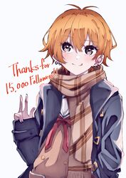  1girl absurdres bang_dream! black_coat blush brown_dress brown_eyes brown_scarf closed_mouth coat commentary_request dress ear_piercing earrings hanasakigawa_school_uniform hand_in_pocket hand_up highres jewelry kitazawa_hagumi long_sleeves looking_at_viewer milestone_celebration neck_ribbon nuruponnu orange_hair piercing plaid_clothes plaid_scarf red_ribbon ribbon sailor_collar sailor_dress scarf school_uniform simple_background sleeves_past_wrists solo tongue tongue_out upper_body v w white_background white_sailor_collar 