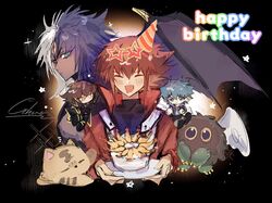  1boy :d black_shirt blush brown_eyes cake cat cropped_torso dark_persona drooling duel_academy_uniform_(yu-gi-oh!_gx) duel_monster food ghost_taochuan hair_between_eyes happy_birthday holding holding_plate jacket johan_andersen long_sleeves looking_at_viewer looking_to_the_side male_focus mouth_drool multicolored_hair pharaoh_(cat) plate red_jacket shirt short_hair smile solo supreme_king_(yu-gi-oh!_gx) two-tone_hair unfinished winged_kuriboh yu-gi-oh! yu-gi-oh!_gx yubel yuki_judai 