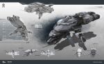  3d caldari_state_(eve_online) combat_ship_(eve_online) commentary company_name concept_art copyright_name corvette_(eve_online) dated emblem engine eve_online georg_hilmarsson glowing grey_background grey_theme highres logo machinery military_vehicle multiple_views no_humans official_art realistic reference_sheet science_fiction shadow signature spacecraft thrusters vehicle_focus 