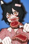  1girl absurdres animal_ears black_hair blood blood_on_face blue_background cat_ears cat_girl dungeon_meshi eating fangs food fujinari highres izutsumi meat monster_girl name_tag shirt short_hair simple_background slit_pupils striped_clothes striped_shirt teeth yellow_eyes 