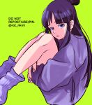  1girl ace_attorney black_hair closed_mouth fingerless_gloves from_side gloves green_background hair_bun knees_to_chest knees_up long_hair looking_at_viewer maya_fey purple_socks purple_sweater rat_nkmi sitting socks solo sweater twitter_username violet_eyes 