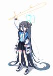  1girl absurdly_long_hair absurdres aris_(blue_archive) arm_up black_hair black_hairband black_skirt black_socks blue_archive blue_eyes blue_necktie collared_shirt full_body green_halo hairband halo highres holding holding_sword holding_weapon jacket kiroshi long_hair long_sleeves necktie one_side_up open_clothes open_jacket pleated_skirt ringed_eyes shirt shoes simple_background skirt socks solo sword very_long_hair weapon white_background white_footwear white_jacket white_shirt 