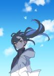  1girl ahoge akari_(raigou) black_hair black_sweater blue_sky blush bug butterfly clouds commentary elf english_commentary highres jacket long_hair open_mouth original outdoors pointy_ears raigou sky solo sweater thick_eyebrows white_jacket yellow_eyes 
