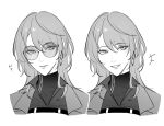  1girl chief_(path_to_nowhere) closed_mouth coat collared_shirt commentary_request earrings female_chief_(path_to_nowhere) glasses greyscale highres jewelry long_hair looking_at_viewer monochrome multiple_views parted_lips path_to_nowhere shirt smile toho10min upper_body 