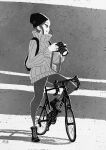  1girl backpack bag beanie bicycle breasts camera commentary_request full_body greyscale hat highres holding holding_camera long_hair long_sleeves monochrome namiki_kazama original ribbed_sweater road_bicycle shadow sidelocks signature solo sweater 