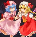  2girls ascot back_bow bat_wings blonde_hair blue_brooch blue_hair bow breasts brooch center_frills closed_mouth collarbone collared_shirt crystal dark_background fang fang_out feet_out_of_frame flandre_scarlet frilled_shirt_collar frilled_skirt frills hair_between_eyes haluta hat hat_bow hat_ribbon highres jewelry large_bow long_hair looking_at_viewer medium_hair mob_cap multicolored_wings multiple_girls one_side_up open_mouth pink_hat pink_shirt pink_skirt red_ascot red_bow red_eyes red_ribbon red_skirt red_vest remilia_scarlet ribbon ribbon-trimmed_headwear ribbon_trim shirt siblings sisters skin_fang skirt skirt_set small_breasts touhou vest white_hair white_shirt wings yellow_ascot 