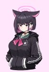  1girl animal_ears black_choker black_hair black_hoodie black_jacket blue_archive blush breasts cat_choker cat_ears choker closed_mouth cocktiel77 colored_inner_animal_ears colored_inner_hair extra_ears hair_ornament hairclip halo hands_in_pockets hood hood_down hooded_jacket hoodie jacket kazusa_(blue_archive) large_breasts long_sleeves looking_at_viewer multicolored_hair neckerchief pink_background pink_hair pink_halo pink_neckerchief red_eyes school_uniform short_hair solo two-tone_hair 