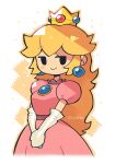  1girl absurdres black_eyes blonde_hair blush breasts commentary cropped_legs crown dress earrings elbow_gloves gloves highres jewelry long_hair medium_breasts paper_mario paper_mario:_the_thousand_year_door pink_dress princess_peach puffy_short_sleeves puffy_sleeves rariatto_(ganguri) short_sleeves simple_background smile smug solo super_mario_bros. symbol-only_commentary twitter_username very_long_hair white_gloves 