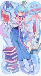  1girl blue_hair book book_stack boots bow braid bubble commentary_request criss-cross_halter full_body hair_bow halterneck highres holding holding_quill ink_bottle jellyfish lamp long_hair long_sleeves looking_to_the_side multicolored_hair orange_eyes original pants pink_hair purple_hair quill shirt solo twin_braids undershirt ushinoki very_long_hair 