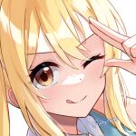  1girl artist_name blonde_hair brown_hair close-up fairy_tail highres licking_lips long_hair looking_at_viewer lucy_heartfilia one_eye_closed portrait reytsu salute simple_background solo tongue tongue_out twitter_username two-finger_salute white_background 