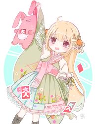  1girl absurdres arm_at_side arm_up blonde_hair blue_dress blunt_bangs boots border bow cardigan collar cropped_cardigan dot_nose double-parted_bangs dress feet_out_of_frame floral_print food food-themed_hair_ornament frilled_collar frills fruit furisode_sleeves futaba_anzu green_dress grey_footwear hair_ornament highres holding holding_stuffed_toy idolmaster idolmaster_cinderella_girls kimono_collar lace-trimmed_dress lace_trim layered_dress layered_sleeves light_blush light_smile lolita_fashion long_hair long_sleeves low-tied_long_hair multicolored_clothes multicolored_dress obi open_cardigan open_clothes open_mouth orange_(fruit) outline outside_border p3_bbo pink_bow pink_collar pink_dress pink_eyes pink_sash pleated_dress pom_pom_(clothes) ribbon-trimmed_dress round_border sash short_over_long_sleeves short_sleeves sleeves_past_wrists solo stuffed_animal stuffed_rabbit stuffed_toy tareme very_long_hair wa_lolita waist_bow white_cardigan white_outline wide_sleeves 