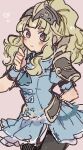  1girl arm_behind_back armor black_pantyhose blonde_hair blue_dress brown_eyes clair_(fire_emblem) closed_mouth commentary cowboy_shot dress fire_emblem fire_emblem_echoes:_shadows_of_valentia hair_ornament heart high_ponytail long_hair looking_at_viewer mbkmmm pantyhose pink_background ponytail short_sleeves shoulder_armor smile solo 