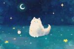  animal_focus artist_name blue_background cat commentary crescent_moon english_commentary fluffy looking_at_viewer moon night no_humans original penpen_(pencopeco) rabbit sitting star_(sky) star_(symbol) white_cat 