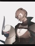  1other absol belt black_border border bright_pupils brown_hair cape commission green_cape highres light_smile lips original pokemon pokemon_(creature) red_eyes reo_(mmocc123) short_hair skeb_commission upper_body very_short_hair white_background white_pupils 