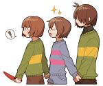  ! 3others :o androgynous antenna_hair blue_sweater brown_pants chara_(undertale) closed_eyes cowboy_shot cropped_legs deltarune frisk_(undertale) from_side green_sweater highres holding holding_hands holding_knife in-franchise_crossover knife kris_(deltarune) long_sleeves looking_ahead multiple_others open_mouth other_focus pants profile red_eyes shaded_face simple_background smile sparkle spoken_exclamation_mark sweater tadeno undertale white_background 