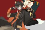  2boys aak_(arknights) aak_(doctor_of_faces)_(arknights) arknights axianorange back-to-back carrying_over_shoulder colored_tips earrings fingerless_gloves furry furry_male gloves hair_over_one_eye highres horns hung_(arknights) hung_(just_a_driver)_(arknights) jewelry komainu_boy komainu_ears male_focus multicolored_hair multiple_boys one_eye_covered profile red_background single_horn smile suitcase 