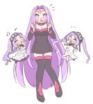  3girls anko_omotimoti blush boots chibi dress euryale_(fate) facial_mark fate/hollow_ataraxia fate/stay_night fate_(series) forehead_mark full_body hairband highres lolita_hairband long_hair medusa_(fate) medusa_(rider)_(fate) multiple_girls purple_hair siblings sisters stheno_(fate) tearing_up thigh_boots twins twintails very_long_hair violet_eyes white_dress zettai_ryouiki 