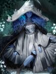  1girl aleriia_v blue_eyes blue_lips blue_skin cape closed_mouth colored_skin cracked_skin dress elden_ring extra_arms extra_faces fur_cape hat highres large_hat long_hair looking_ahead looking_at_viewer on_ground one_eye_closed ranni_the_witch solo wavy_hair white_dress white_eyes wide_brim witch_hat 