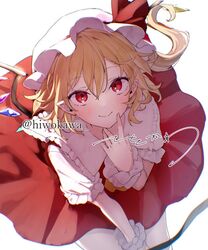  1girl bent_over blonde_hair blush commentary_request flandre_scarlet hat holding holding_staff honotai medium_hair mob_cap pointy_ears red_eyes red_shirt red_skirt shirt side_ponytail simple_background skirt solo staff touhou white_background white_hat 