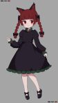  1girl aki_inu animal_ears black_bow black_dress black_footwear blunt_bangs bow cat_ears closed_mouth dress extra_ears footwear_bow full_body grey_background hair_bow kaenbyou_rin long_sleeves looking_at_viewer medium_hair nekomata red_eyes redhead simple_background smile solo touhou 